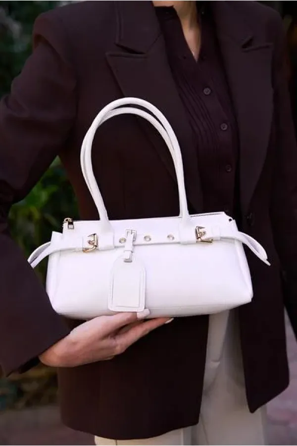 Double Buckle Belt Detailed Hand and Shoulder Bag White