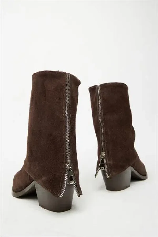 Bottes à talons en cuir véritable et daim marron pour femme – Bout pointu et fermeture éclair Bottes à talons en cuir véritable et daim marron pour femme – Bout pointu et fermeture éclair