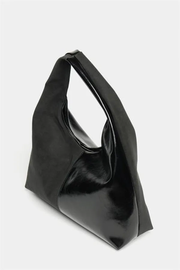 Sac cabas à bandoulière pour femme en daim noir et cuir verni contrasté - Modèle vintage souple