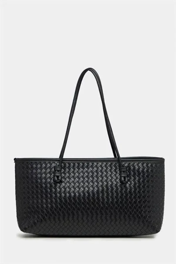 Sac à main et à bandoulière en cuir PU à motifs tricotés – Élégant format large noir Sac à main et à bandoulière en cuir PU à motifs tricotés – Élégant format large noir
