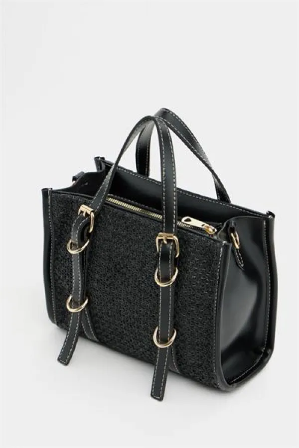 Sac à main et bandoulière style bohème en cuir et paille tricotée pour femme, noir