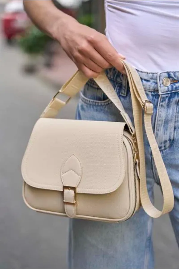 Trendy Casual Buckled Hand and Shoulder Bag Cream