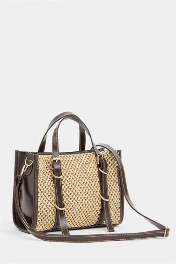 Sac à main et bandoulière style bohème en cuir et paille tricotée pour femme, marron
