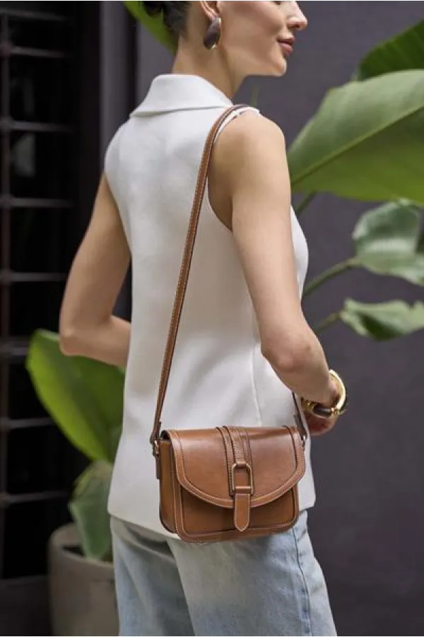 Buckled Leather Look Mini Hand and Shoulder Bag Tan