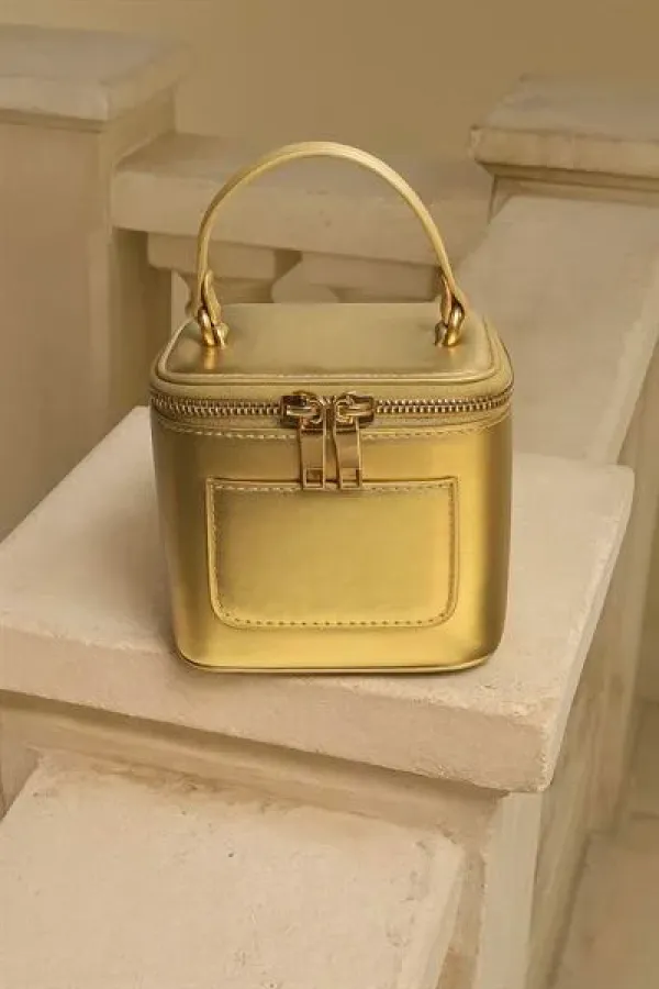 Mini Box Crossbody Bag – Sac à main et sac à bandoulière en cuir PU brillant doré