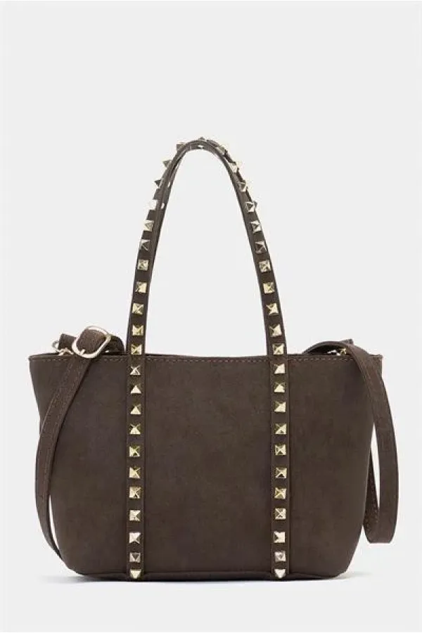 Petit sac à main et à bandoulière en cuir PU avec boucle et détails cloutés en daim marron