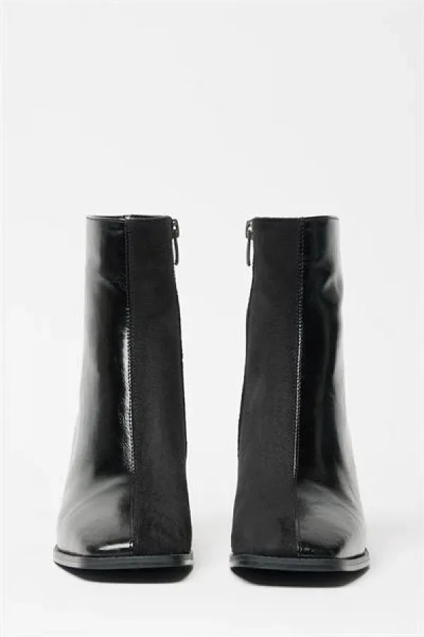 Bottes et bottines en daim verni noir pour femmes, talons à bout arrondi, cuir PU contrasté, fermeture éclair élégante Bottes et bottines en daim verni noir pour femmes, talons à bout arrondi, cuir PU contrasté, fermeture éclair élégante