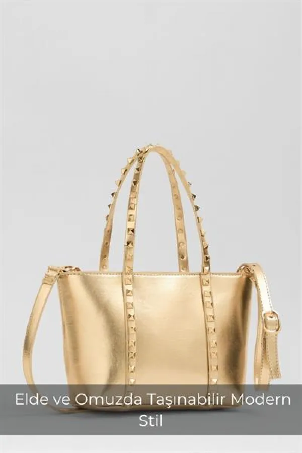 Gold Women's Small Size Stud Detailed PU Leather Buckle Hand and Shoulder Bag