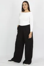 Kadın Siyah Büyük Beden Pamuklu Kumaş Yan Cepli Eşofman Alt 65N35693