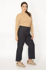 Kadın Lacivert Geniş Paçalı Yüksek Bel 5 Cepli Likralı Kot Pantolon 65N29279