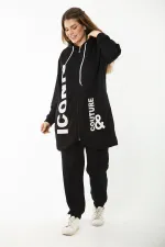 Kadın Büyük Beden Gri Baskı Ve Fermuar Detaylı Kapşonlu Sweatshirt Pantolon Takım 65N37128