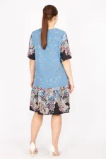 Kadın Mavi Büyük Beden Dokuma Viskon Kumaş Şal Desenli Elbise 65N35834