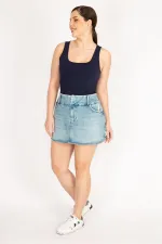 Kadın Mavi Büyük Beden Ön Fermuarlı Likralı Kot Etek