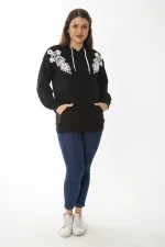 Kadın Büyük Beden Siyah Aplike Dantel Ve Kapşon Detaylı Kanguru Cepli Sweatshirt 65N37015