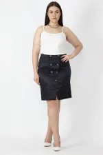 Kadın Lacivert Diagonal Saten Kumaş Düğme Detaylı Arka Bel Lastikli Etek 65N16670