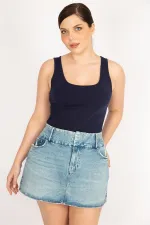 Kadın Mavi Büyük Beden Ön Fermuarlı Likralı Kot Etek