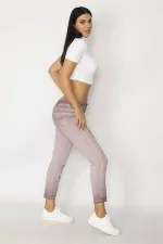 KADIN LİLA YIKAMALI GABARDİN KUMAŞ DANTEL VE BONCUK İŞLİ PANTOLON