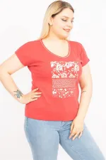 Kadın Nar Büyük Beden V Yakalı Ön Baskılı Bluz 65N35655