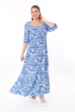 Kadın Büyük Beden Mavi Göğüs Kısmı Gipe Lastikli Etek Ucu Katlı Uzun Elbise 65N37737