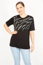 Kadın Saks Büyük Beden Bisiklet Yakalı Ön Baskılı Bluz
