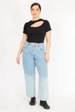 Kadın Mavi Büyük Beden Yıkama Efektli Ön Düğmeli 5 Cepli Kot Pantolon
