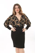 Kadın Büyük Beden Siyah Anvelop Yakalı Uzun Kollu Elbise 65N37628