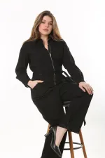 Kadın Büyük Beden Siyah Ön Fermuarlı Arka Beli Lastik Ve Kuşak Detaylı Cepli Tulum 65N37469