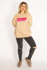 Kadın Camel İçi Şardonlu 3 İplik Kumaş  Sweatshirt 65N35086
