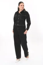 Kadın Büyük Beden Siyah Kontrast Dikişli Metal Düğmeli Kot Tulum 65N37723