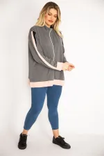 Kadın Gri Ön Fermuarlı Kanguru Cepli Sweatshirt Mont 65N35046