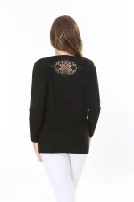 Kadın Büyük Beden Siyah Önü Taş Ve Sırtı Dantel Detaylı Uzun Kollu Bluz 65N37803