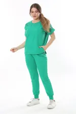 Kadın Büyük Beden Saks Taş Detaylı Kısa Kollu Sweatshirt Pantolon Takım 65N37702