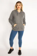 Kadın Gri Sırtı Çift Fermuar Ve Çıtçıt Düğme Ve Ön Fermuarlı İçi Şardonlu Sweatshirt 65N35069