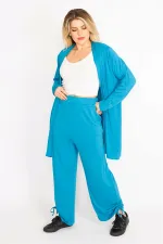 Kadın Mavi Yan Bağcık Detaylı Hırka Pantolon Takım 65N34906