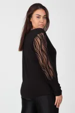 Kadın Siyah Kollari Tül Flok Bluz 65N12468