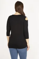 Kadın Siyah Büyük Beden Tek Omuz Dekolteli Etek Ucu Dantel Bluz