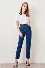 Kadın Mavi , Deri Detaylı , Yüksek Bel Kot Pantolon