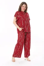 Kadın Büyük Beden Bordo Ön Düğmeli Bluz Beli Lastikli Panyolon İkili Takım 65N37971