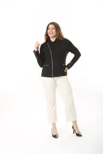 Kadın Büyük Beden Siyah Fermuar Detaylı Astarsız Ceket 65N37540