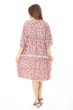 Kadın Büyük Beden Pembe Ön Patı Düğmeli Göğüs Büzgü Ve Ponpon Detaylı Elbise 65N37870