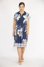 Kadın Lacivert Büyük Beden Yakalı Ön Pat Fermuarlı Beli Kuşaklı Elbise