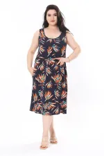 Kadın Büyük Beden Renkli Bisiklet Yakalı Göğüs Pileli Kolsuz Uzun Elbise 65N37946