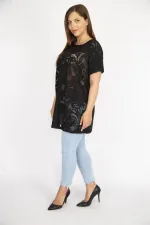 Kadın Beyaz Büyük Beden Önü Flok Bisiklet Yakalı Kısa Kollu Bluz