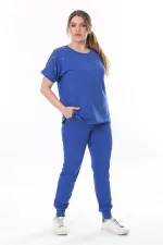 Kadın Büyük Beden Saks Taş Detaylı Kısa Kollu Sweatshirt Pantolon Takım 65N37702