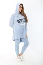 Kadın Büyük Beden Mavi Payet Detaylı Arkası Uzun Kapşonlu Sweatshirt 65N37463