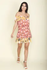 WOMEN'S SALMON FLORAL PATTERNED FLOORN DETAILED LINED DRESS