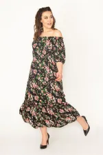 KADIN EFLATUN DOKUMA VİSKON KUMAŞ MADONNA YAKA KOL AĞZI VE YAKASI LASTİKLİ KATLI ELBİSE