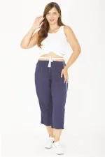 Kadın Büyük Beden Mavi Pamuk Kumaş Yan Şeritli Fermuarlı Tek Cepli Eşofman Alt 65N36809