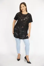 Kadın Beyaz Büyük Beden Önü Flok Bisiklet Yakalı Kısa Kollu Bluz