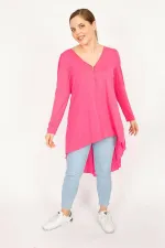 Kadın Pembe Büyük Beden Ön Pat Fermuar Ve Arka Detaylı Tunik